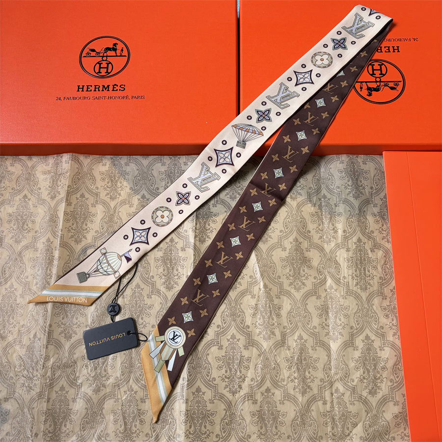 Geometric Floral Monogram Ribbon Scarf - 5 x 120 cm