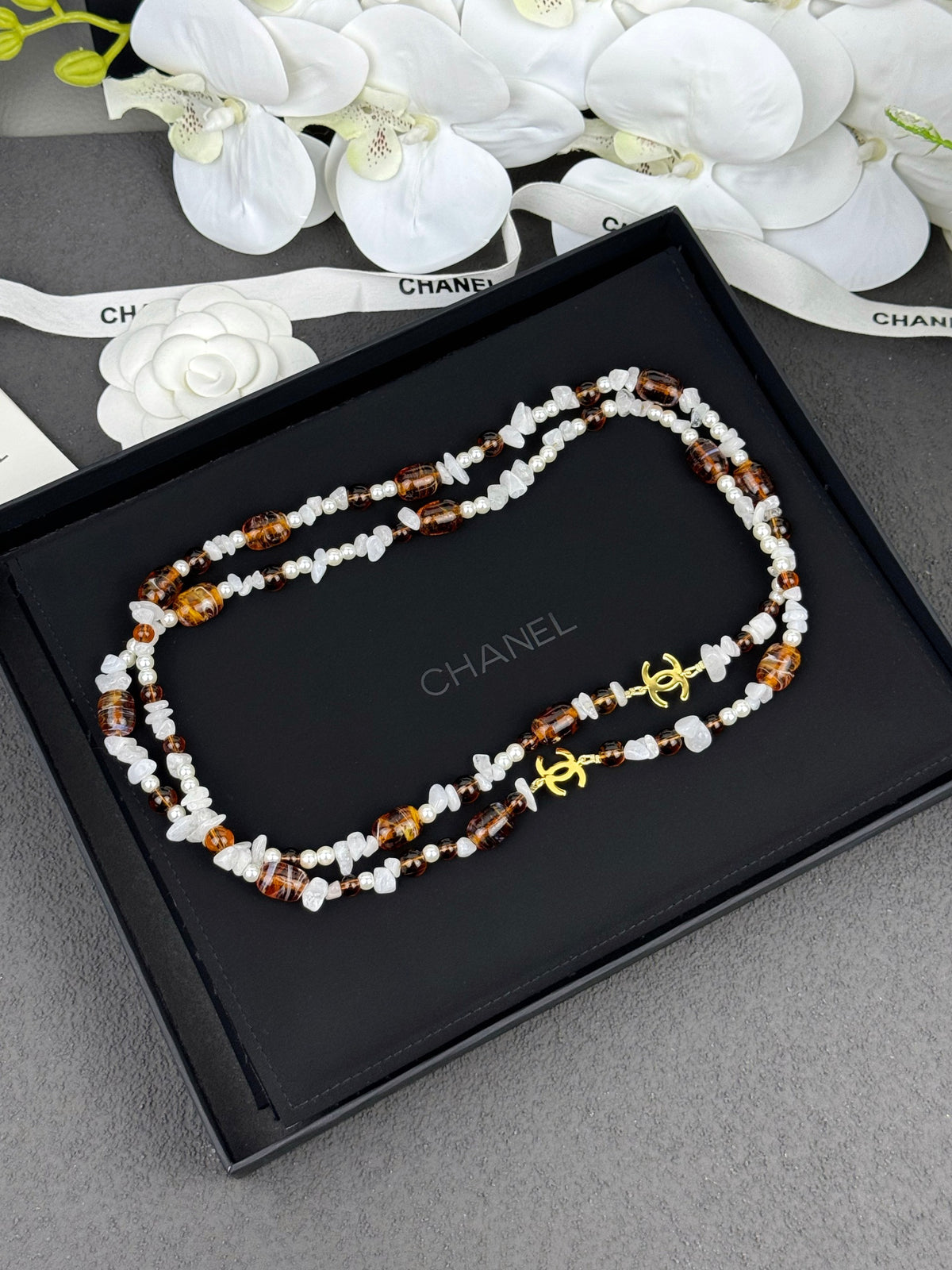 Gold Tone Long Sweater Necklace, Amber & White Stone Beaded Chain