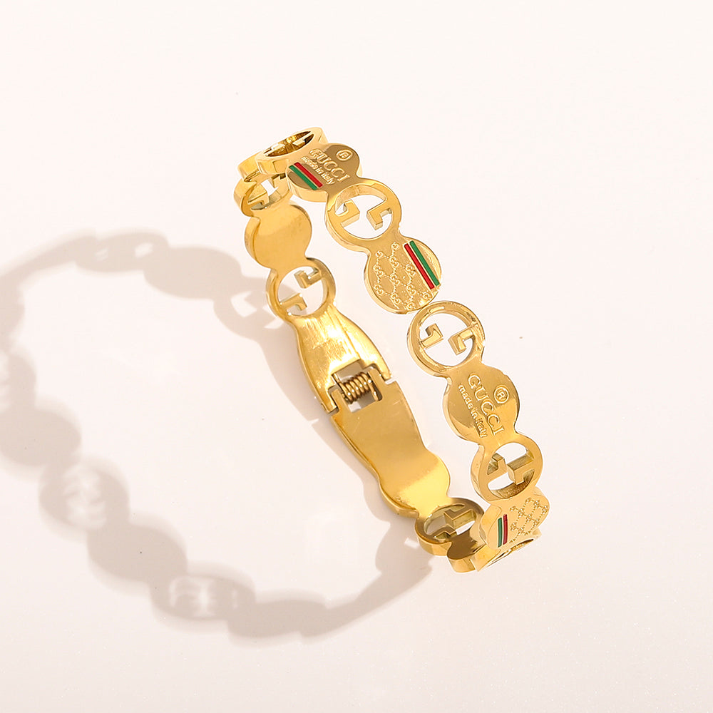 Bracelet jonc station double G ajouré en acier inoxydable 304