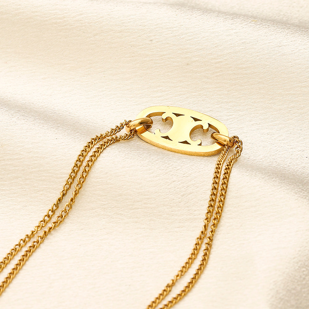 304 Stainless Steel Double Chain Oval Pendant Necklace