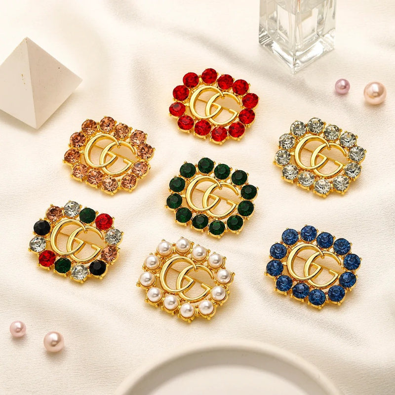 Alloy Oval Letter Brooch with Colored Stone Border