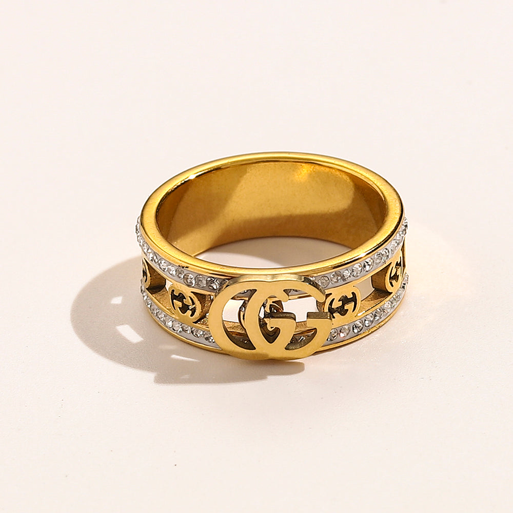 304 Stainless Steel Wide Emblem Ring with Stone-Set Edges