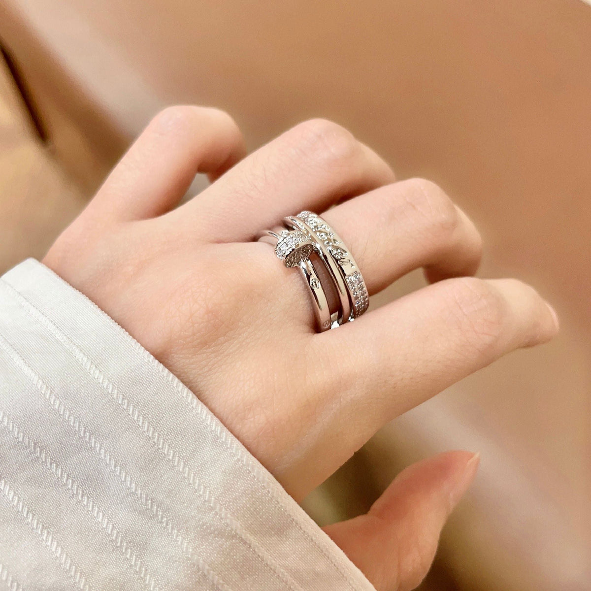 Triple-Band Ring with Pave Row and Bar Accent