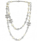 Silver Tone Faux Pearl Sweater Necklace, White Enamel, Sequins & Clear Beads