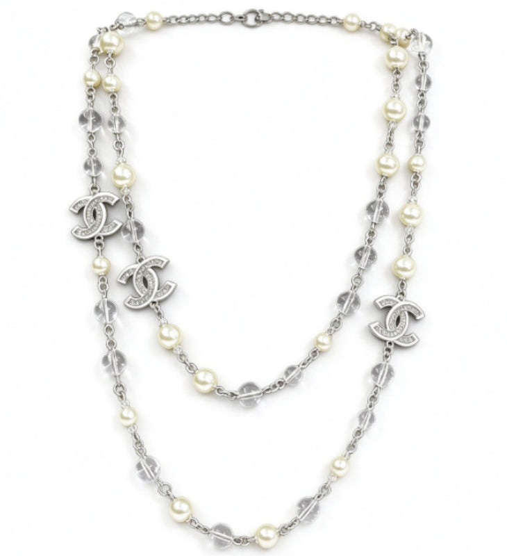 Silver Tone Faux Pearl Sweater Necklace, White Enamel, Sequins & Clear Beads