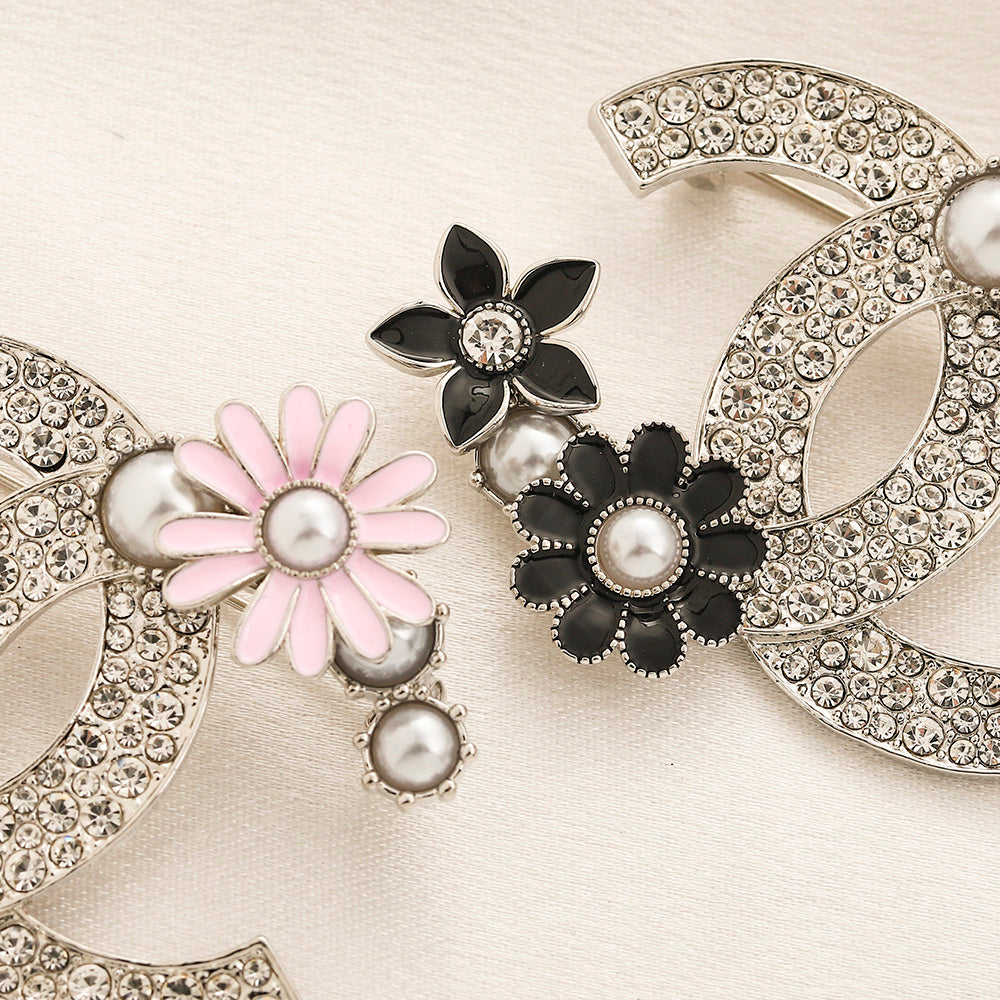 Alloy Pave Emblem Brooch with Flower Accents