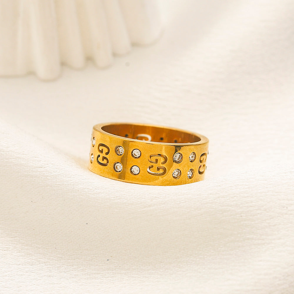 304 Stainless Steel Letter Pattern Band Ring with Round Accents