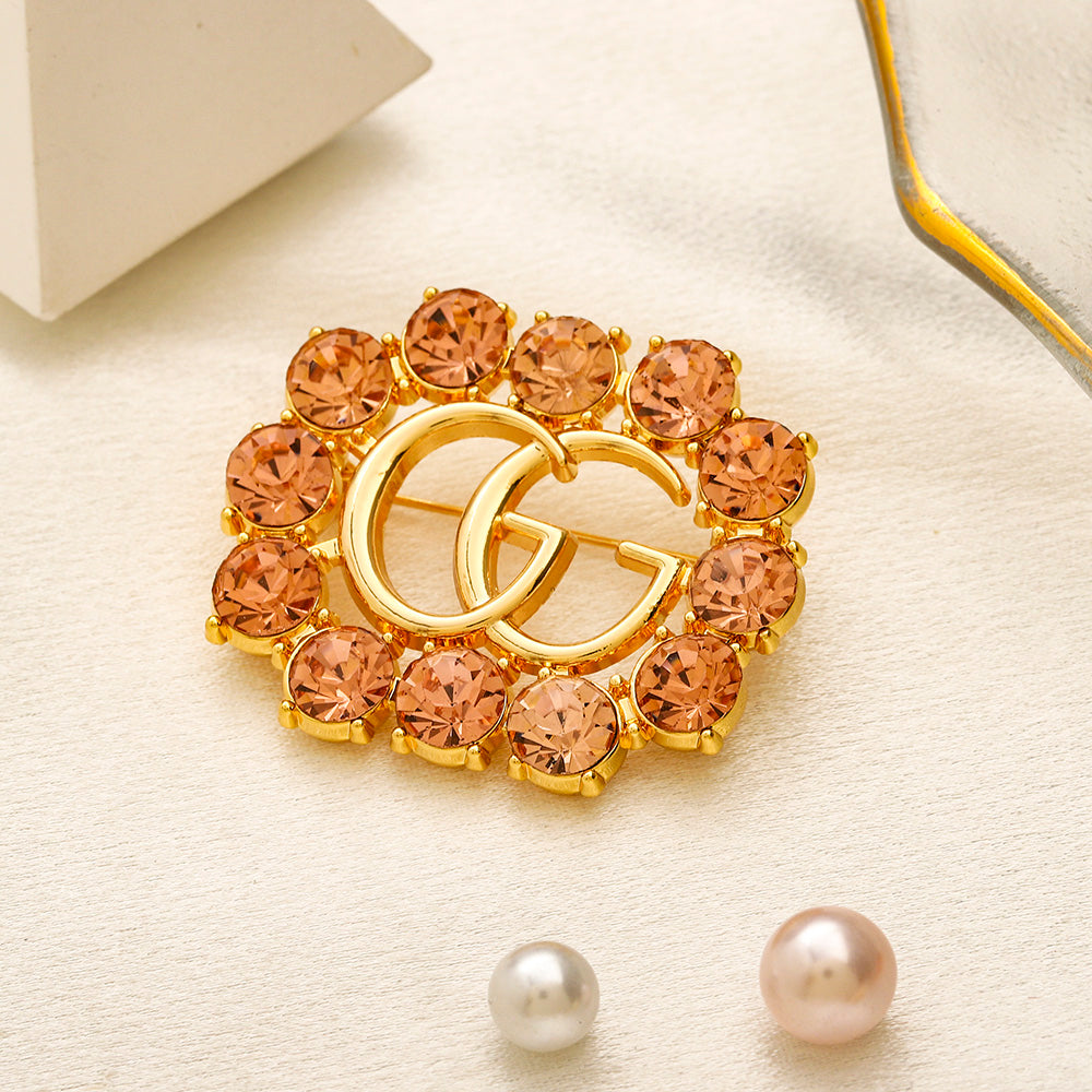 Alloy Oval Letter Brooch with Colored Stone Border