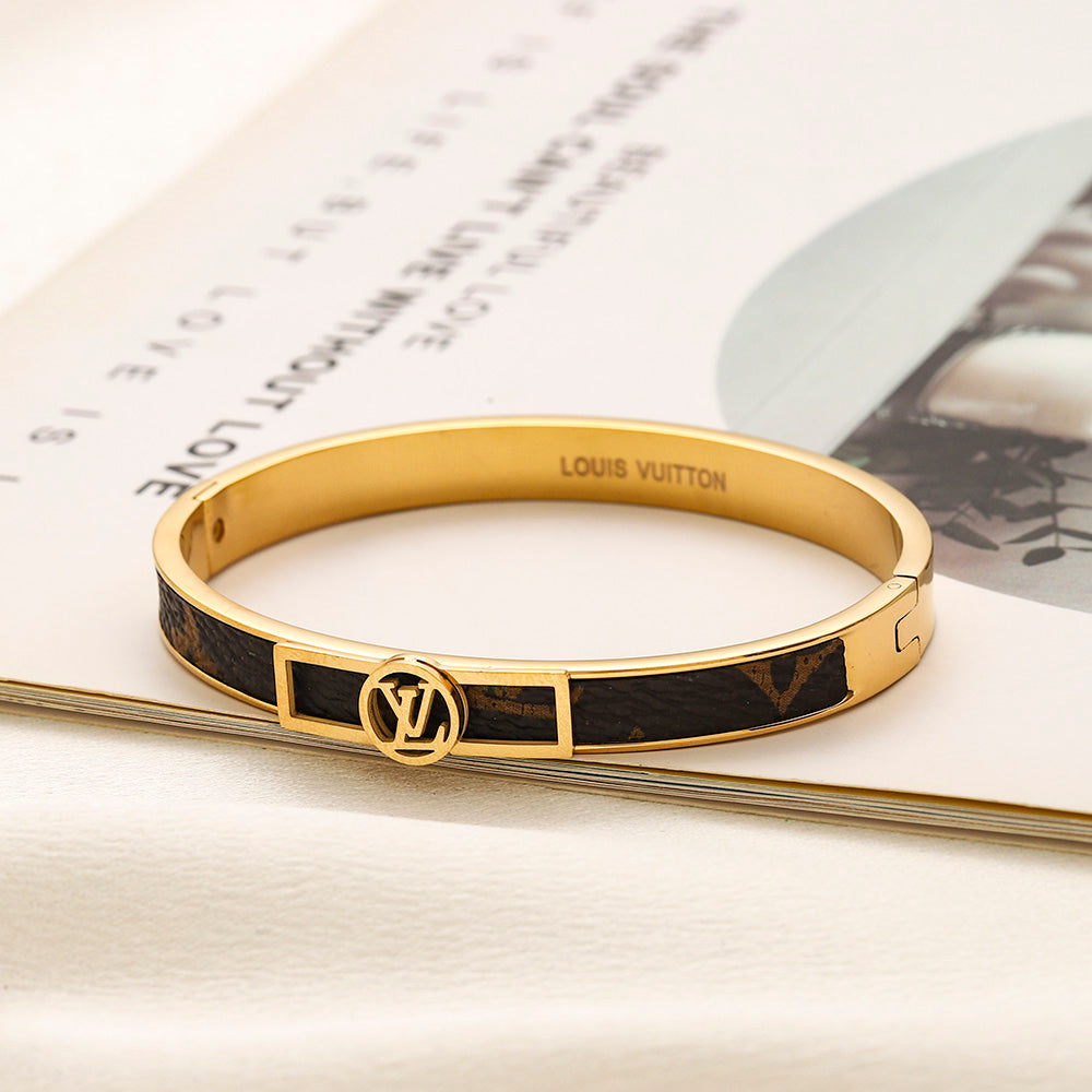 304 Stainless Steel Color-Inlay Round Monogram Bangle Bracelet