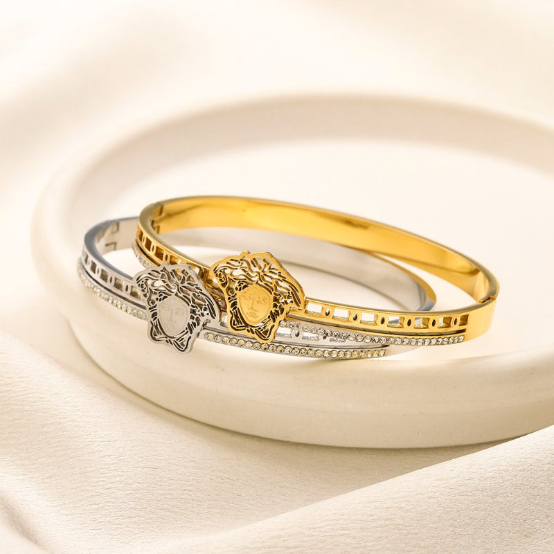 304 Stainless Steel Pave Medallion Bangle Bracelet
