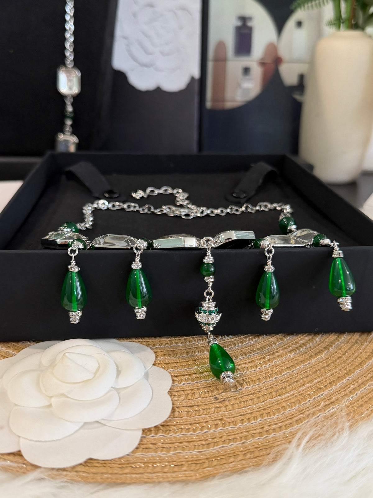 Vintage Geometric Pendant Necklace with Square, Emerald Teardrop & Clear Sugar-Cube Charms