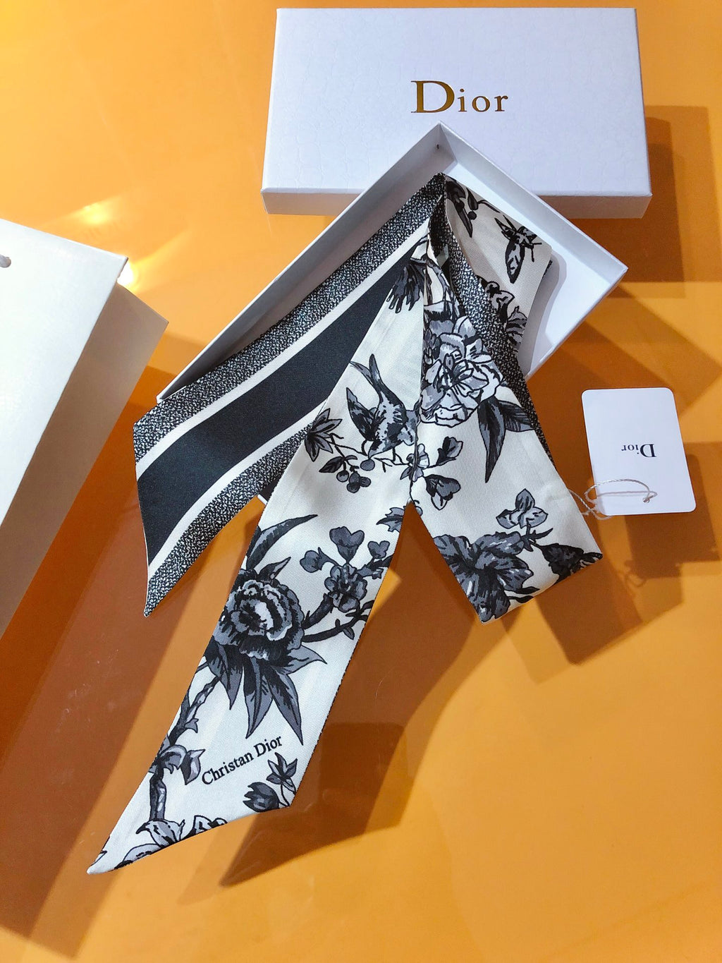 Botanical Print & Stripe Ribbon Scarf - 5 x 120 cm