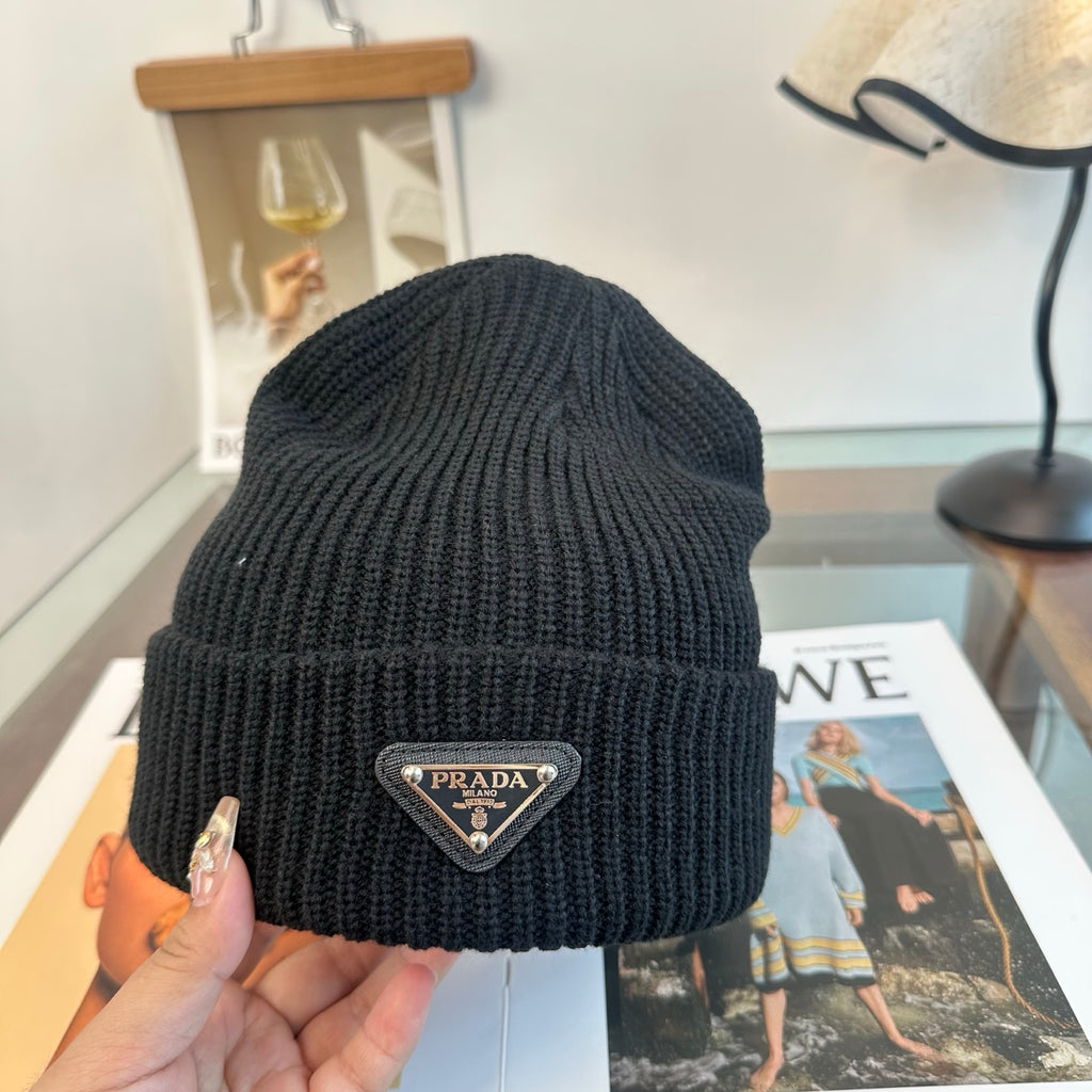 Ribbed Knit Beanie with Triangle Emblem