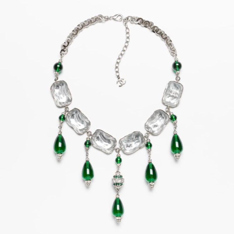 Vintage Geometric Pendant Necklace with Square, Emerald Teardrop & Clear Sugar-Cube Charms