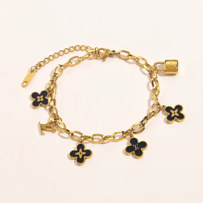 304 Stainless Steel Black Floral Charm Chain Bracelet