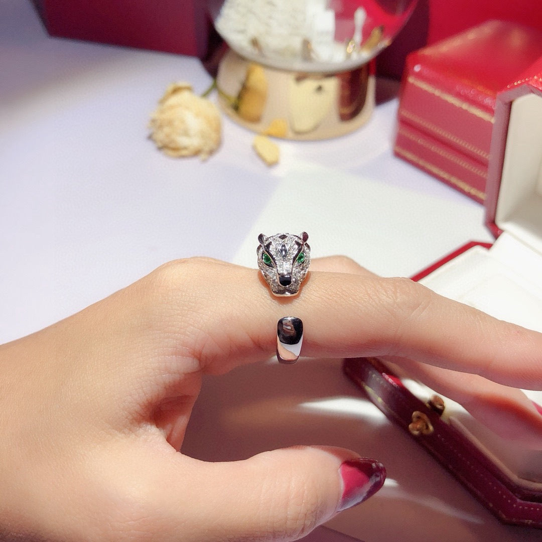 Silver-Tone Panther Head Open Ring with Dark Spots