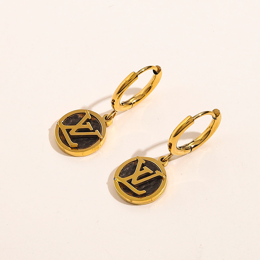 304 Stainless Steel Black Disc Monogram Charm Hoop Earrings