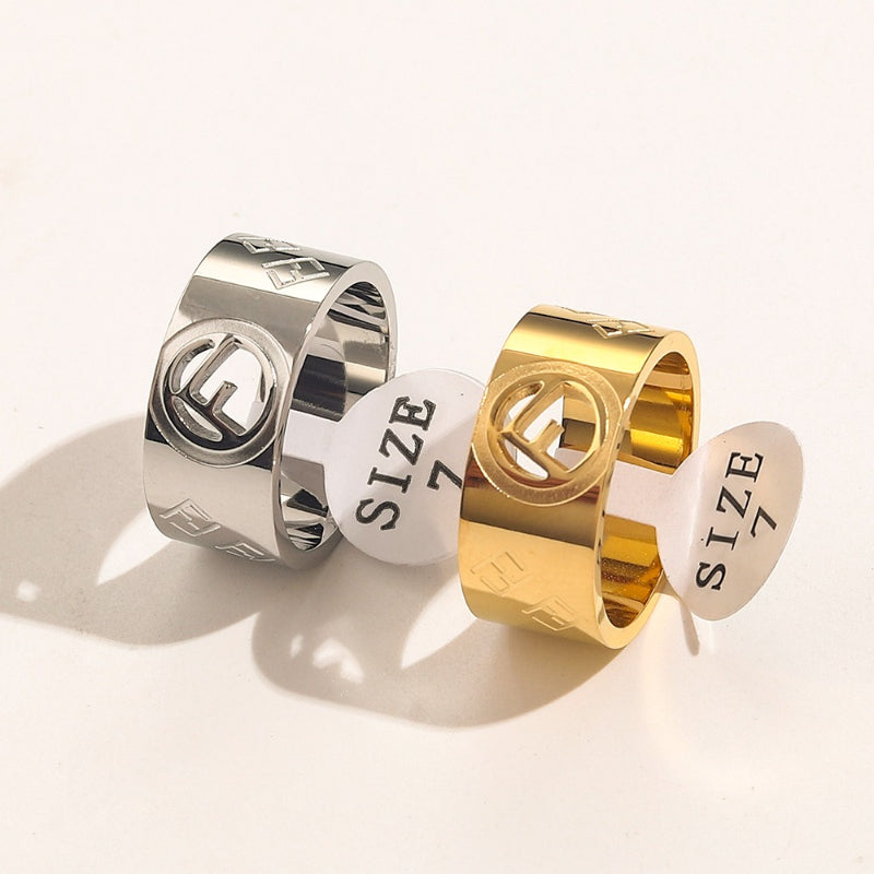 Round F-Motif Wide Band Ring