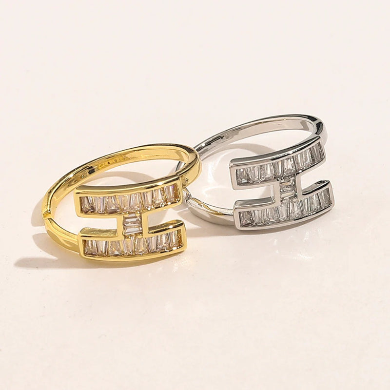 Open H-Motif Ring with Rectangular Stone Accents