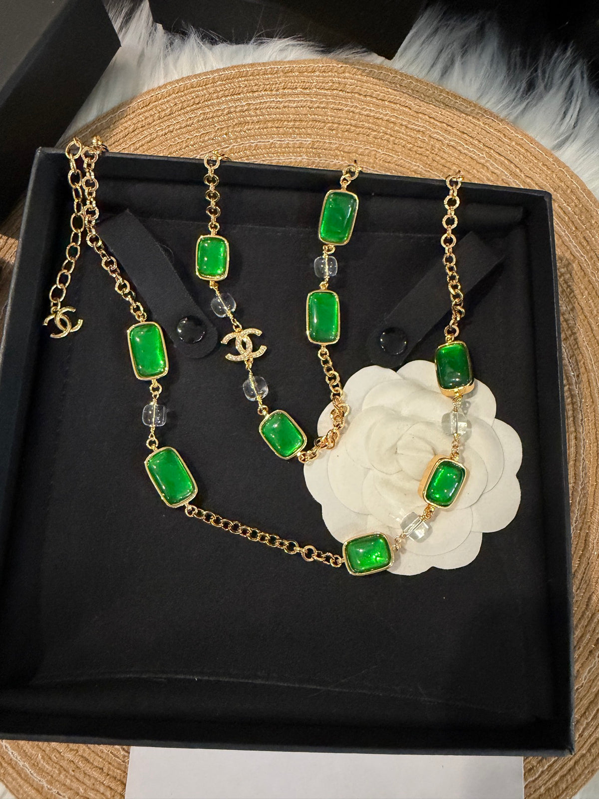 Vintage Gold Tone Emerald Square Glass Sweater Necklace, Square Candy Beads