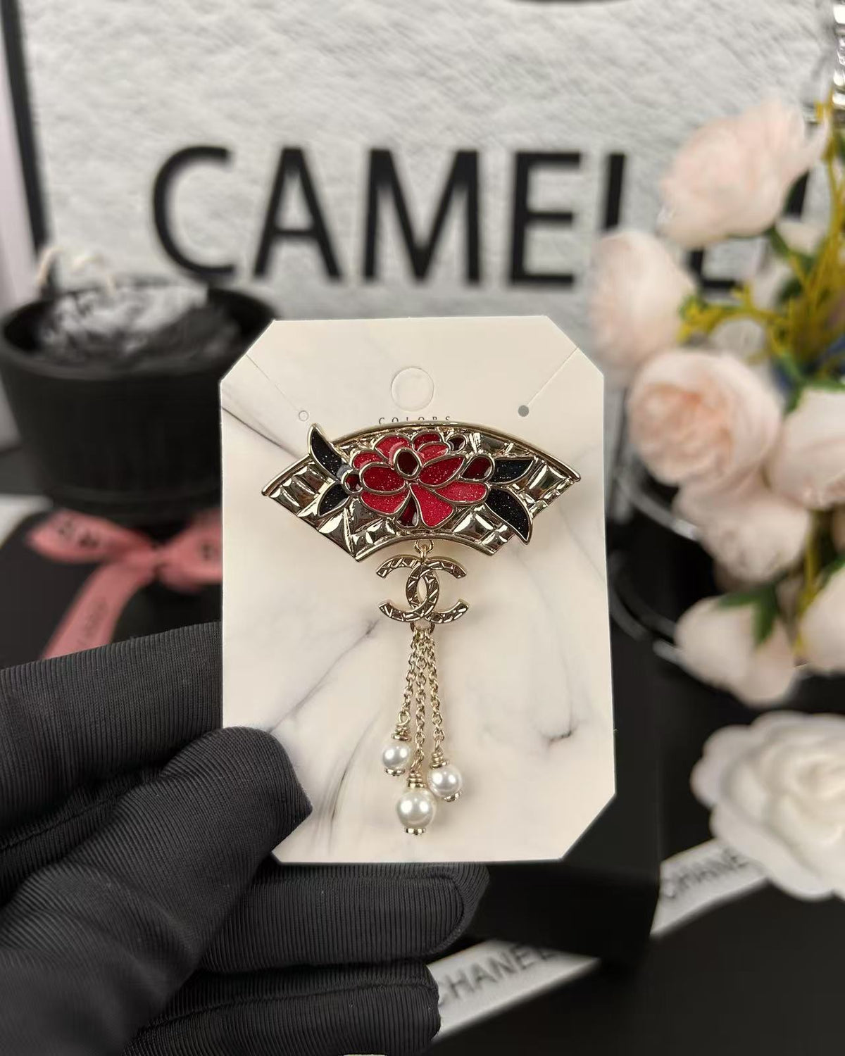 Red Flower Fan Brooch with Chain Drops