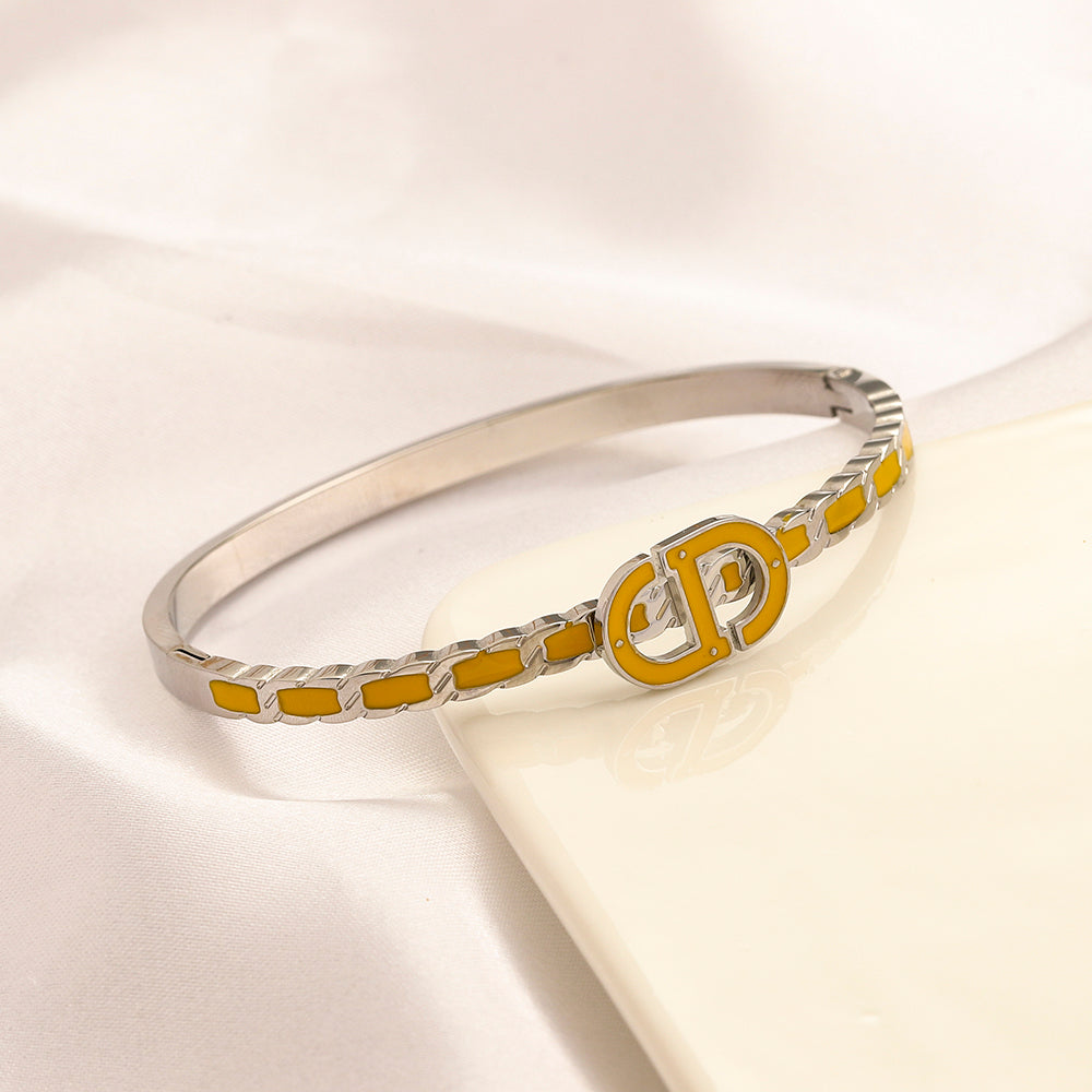 304 Stainless Steel Color-Inlay Round Monogram Bangle Bracelet