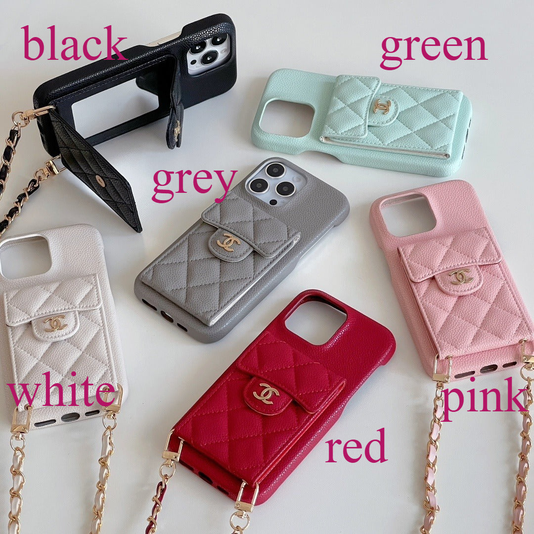 Quilted Phone Case with Emblem Clasp and Chain