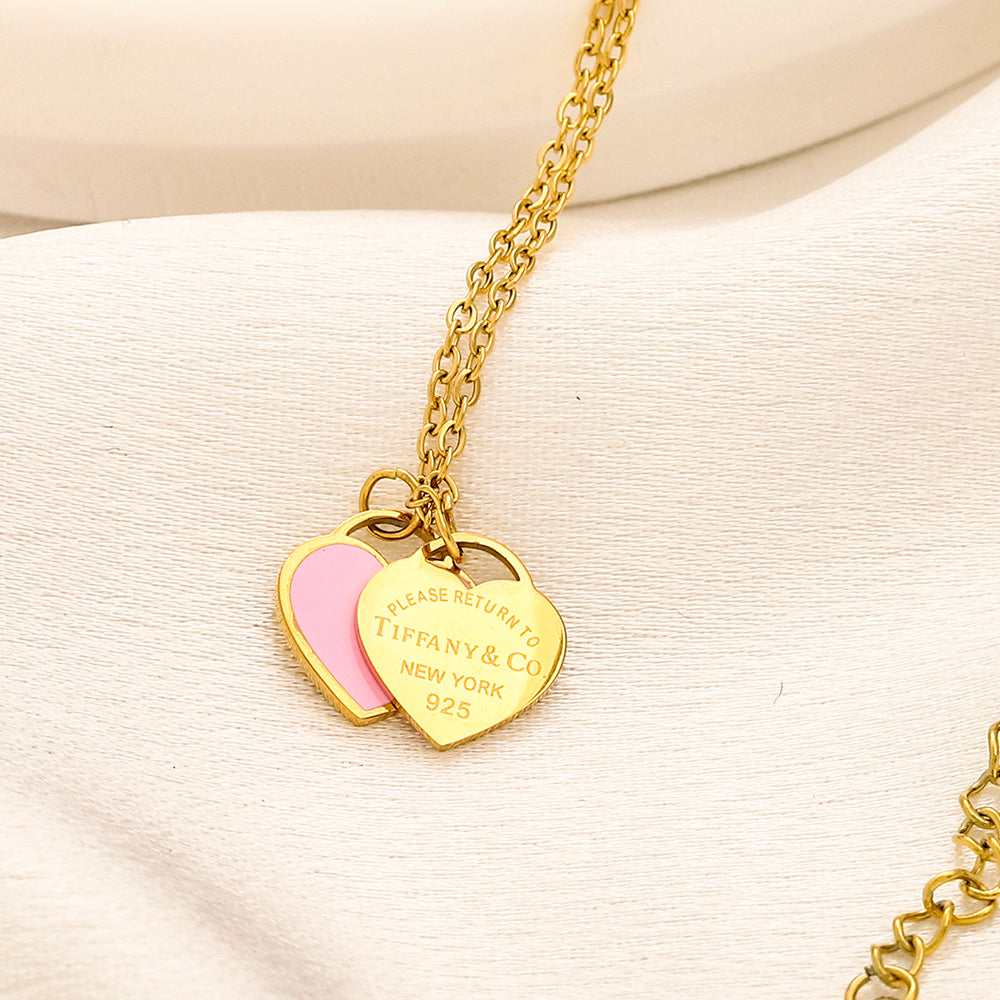 304 Stainless Steel Color-Inlay Double Heart Pendant Necklace