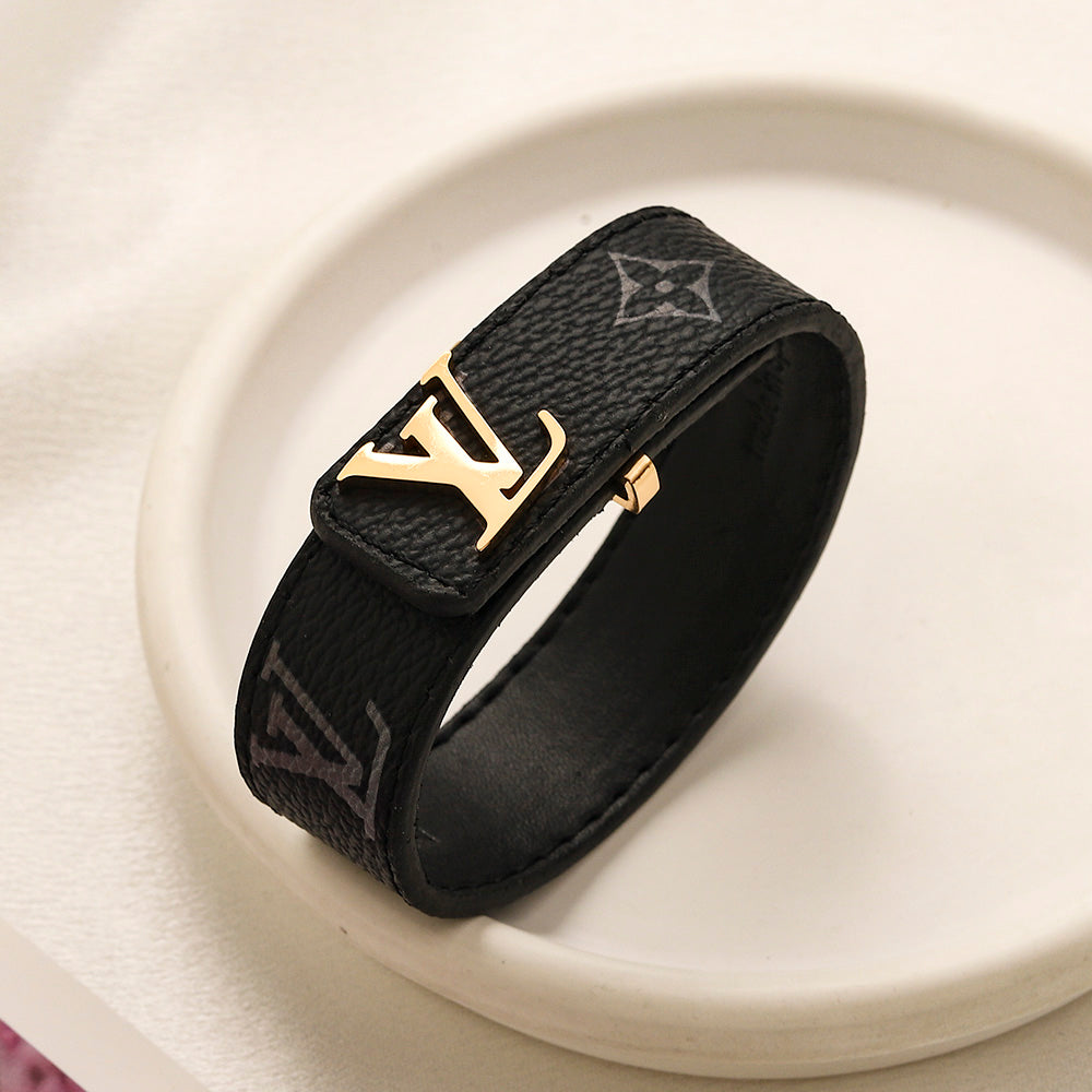 304 Stainless Steel Wide Black Monogram Strap Bracelet