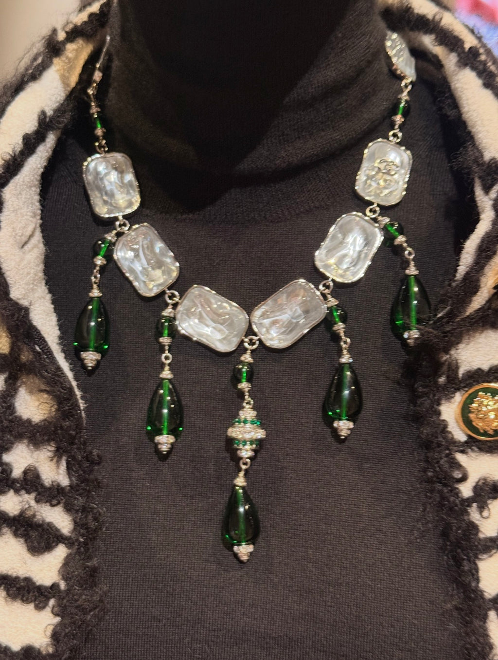 Vintage Geometric Pendant Necklace with Square, Emerald Teardrop & Clear Sugar-Cube Charms