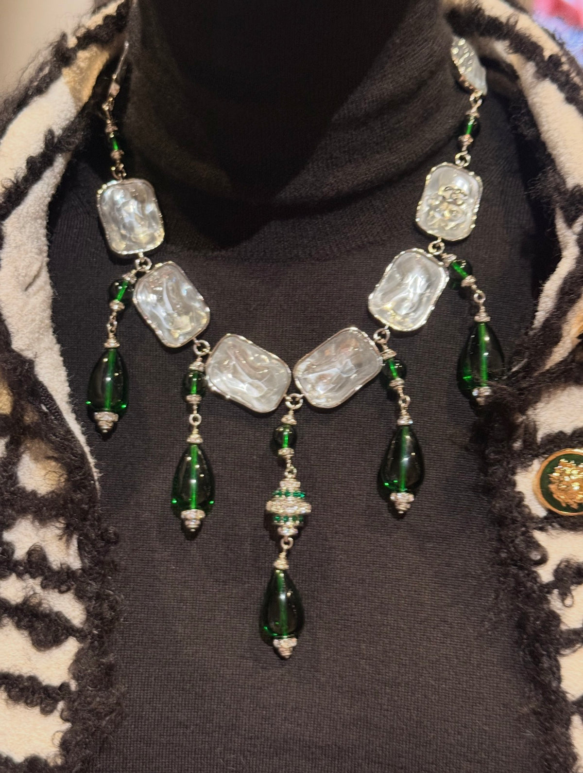 Vintage Geometric Pendant Necklace with Square, Emerald Teardrop & Clear Sugar-Cube Charms