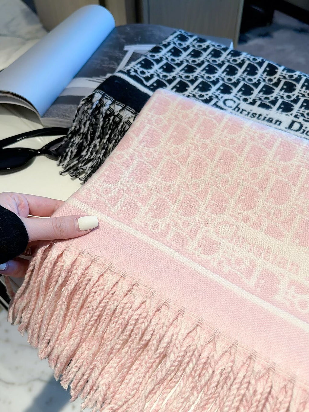 Allover Monogram Border Scarf with Fringe