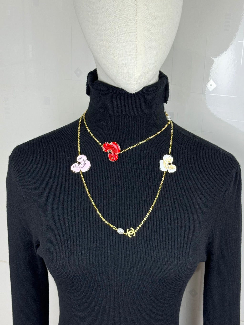 Layered Floral Necklace with Pearl-Look Tassels