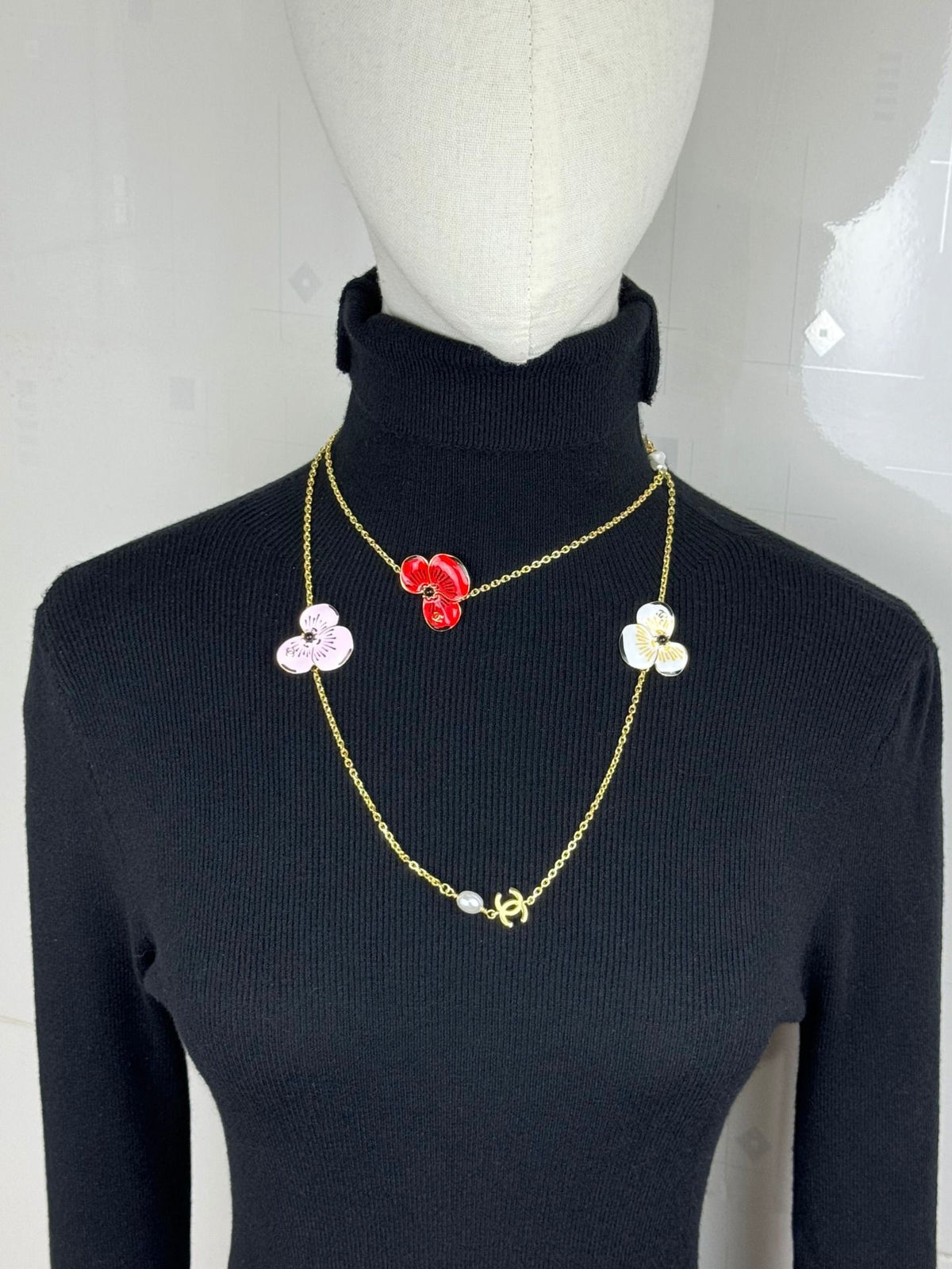 Layered Floral Necklace with Pearl-Look Tassels