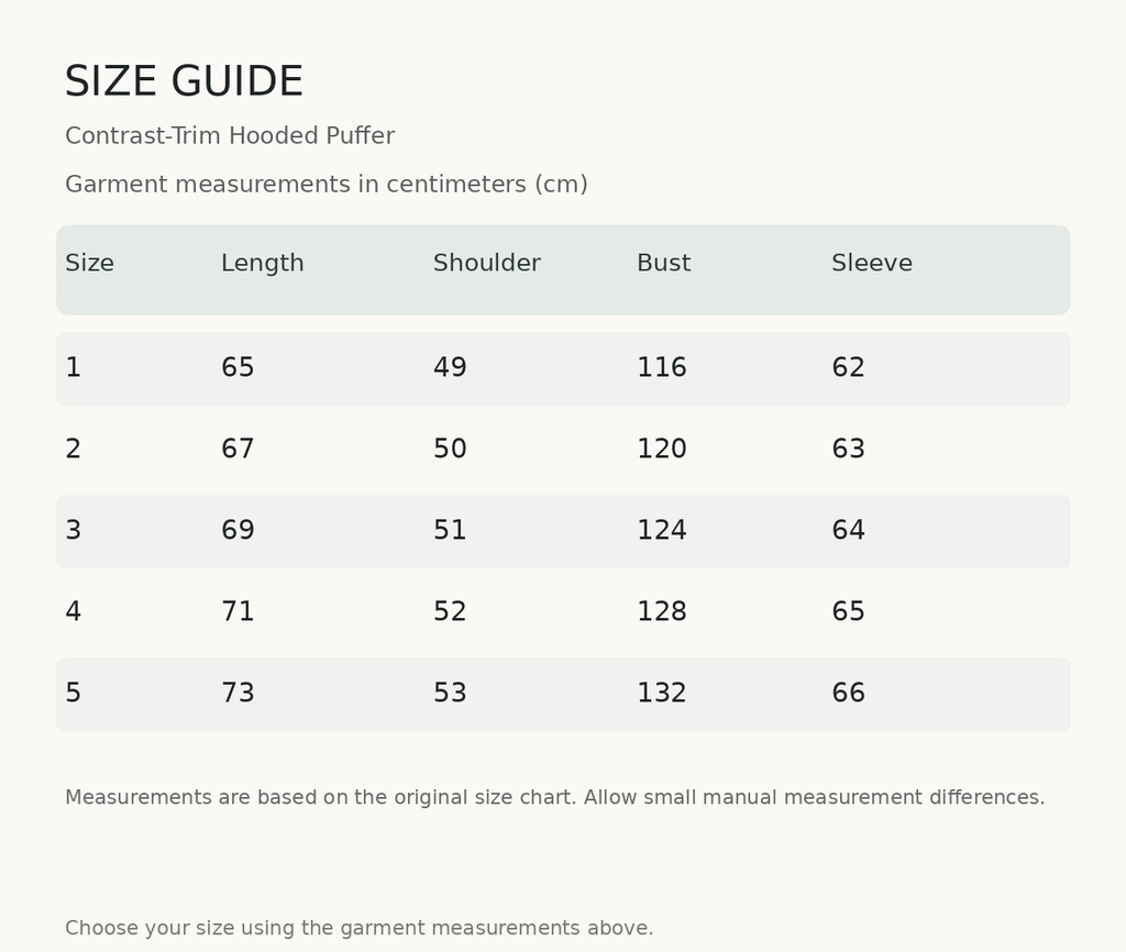 Size guide — measurements in centimeters