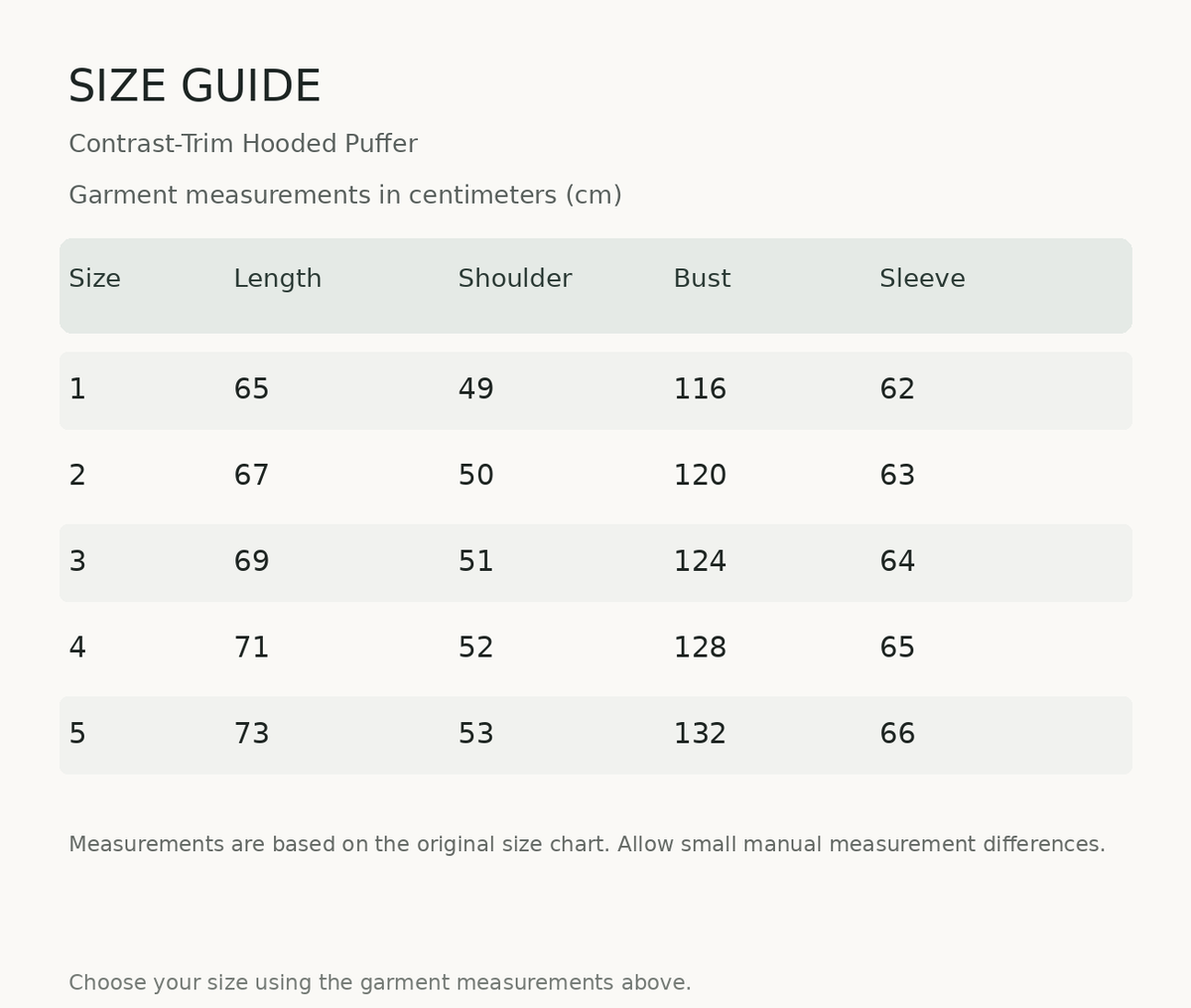Size guide — measurements in centimeters