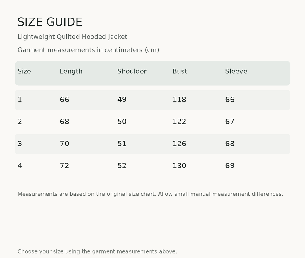 Size guide — measurements in centimeters