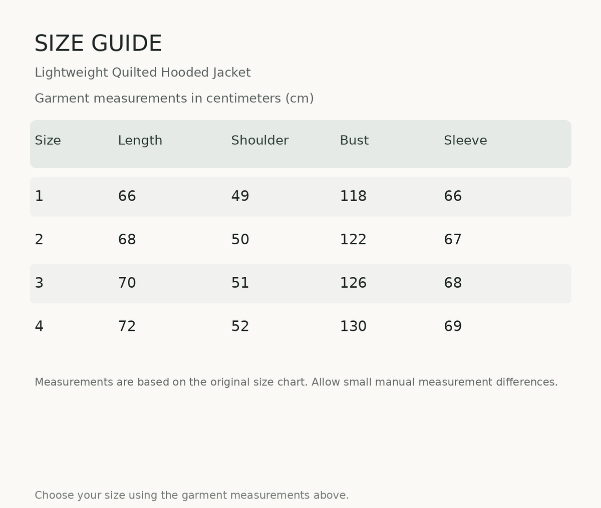 Size guide — measurements in centimeters