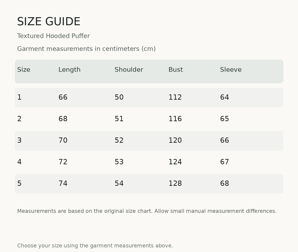 Size guide — measurements in centimeters