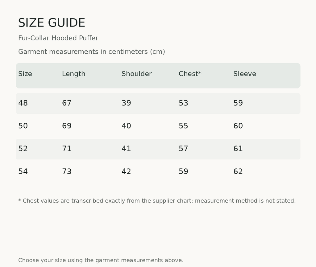 Size guide — measurements in centimeters