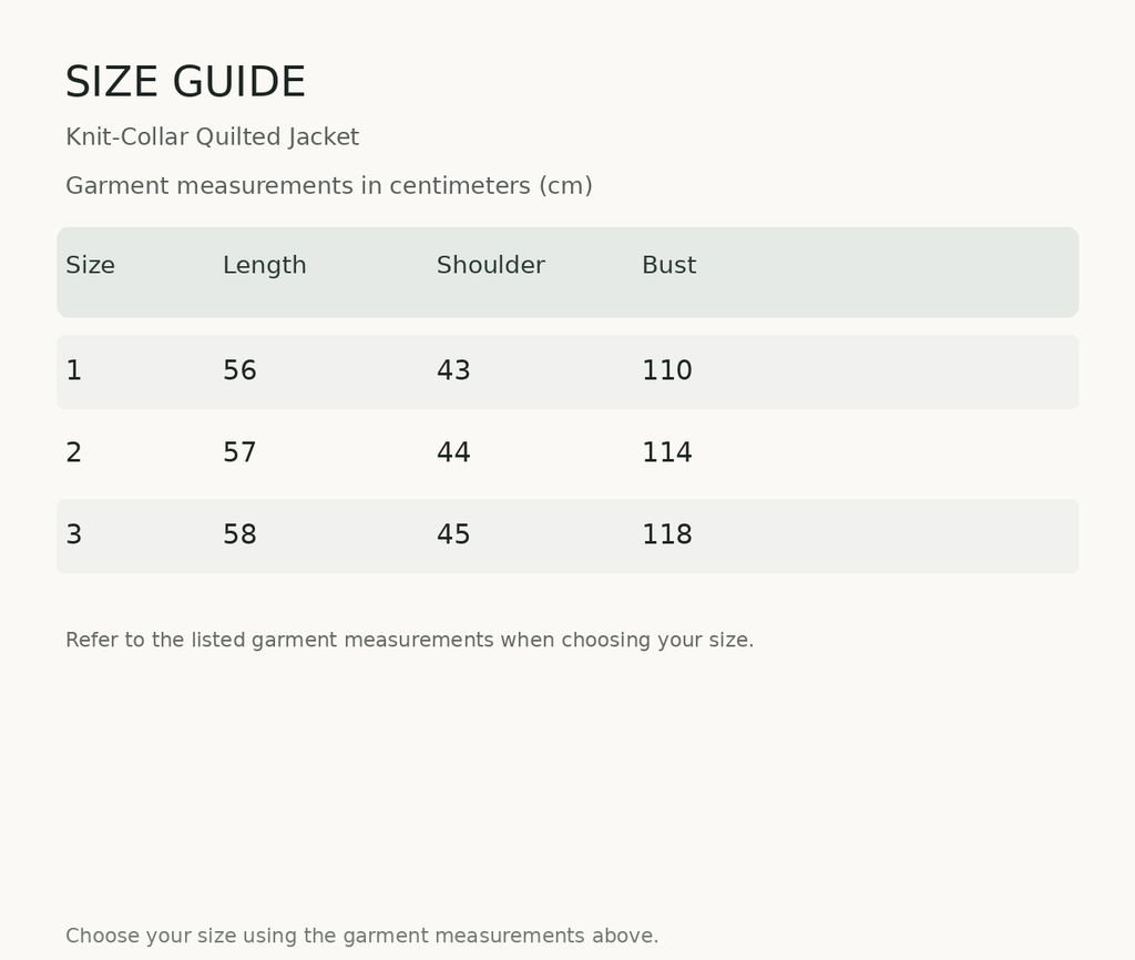 Size guide — measurements in centimeters