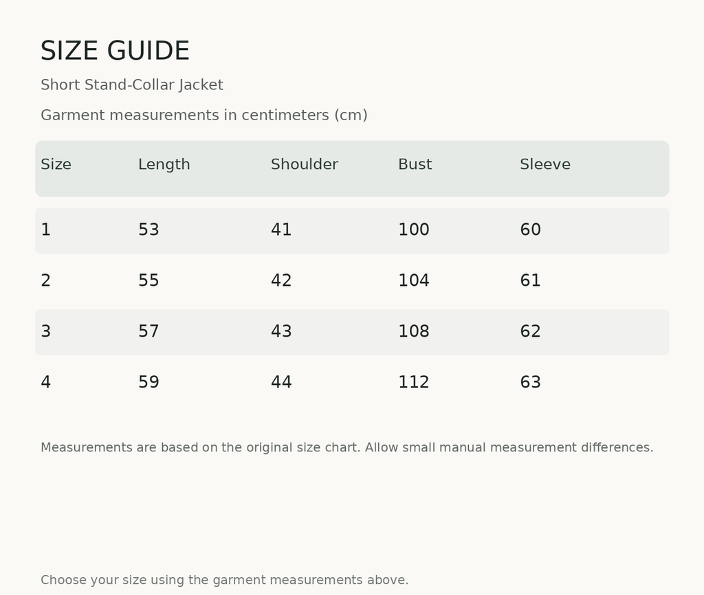 Size guide — measurements in centimeters