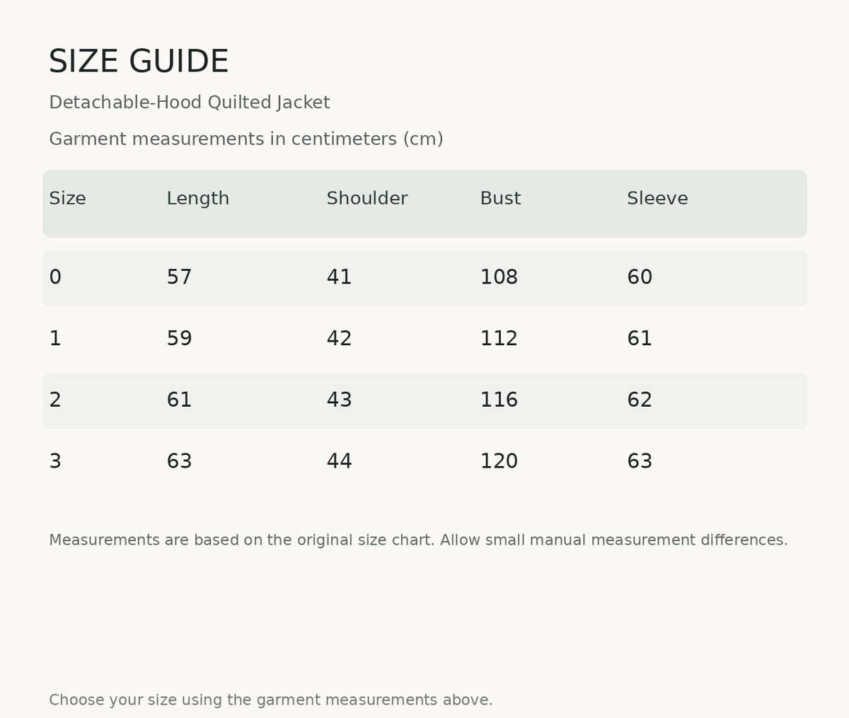 Size guide — measurements in centimeters