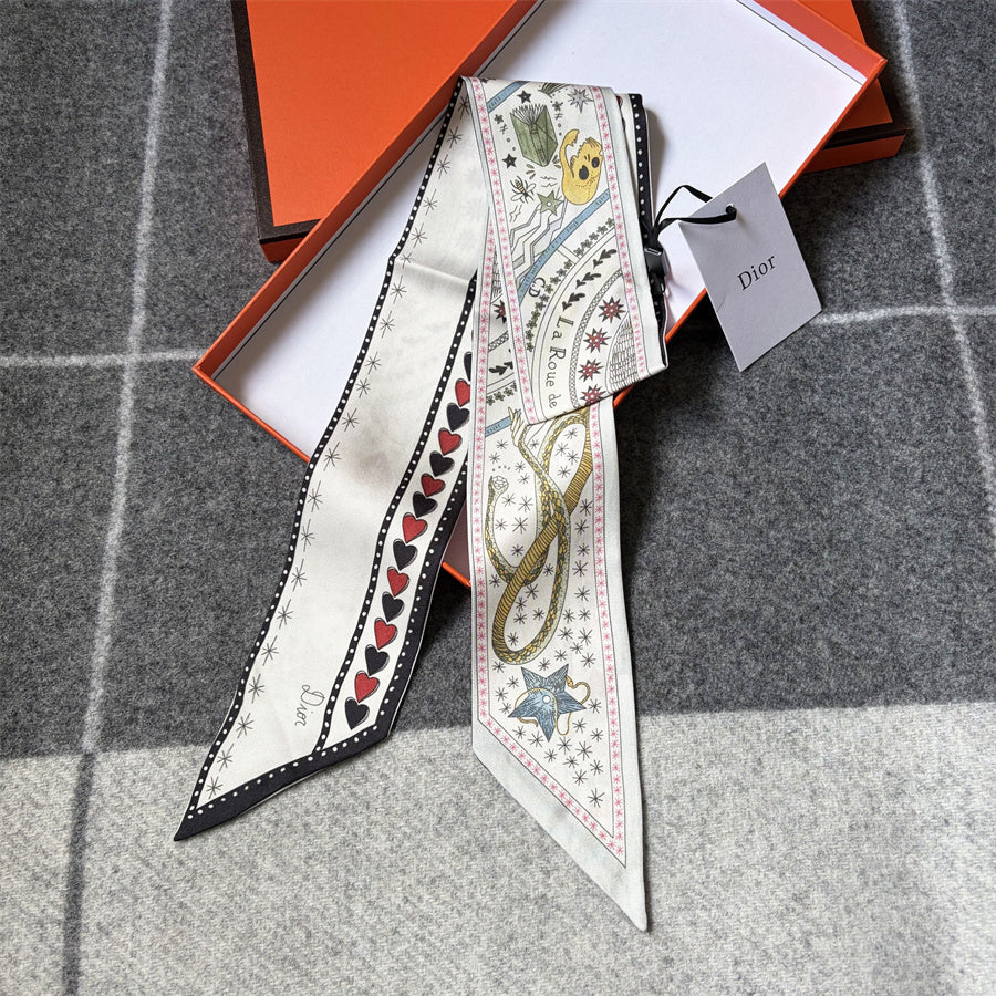 Ornamental Scenic Print Ribbon Scarf - 5 x 120 cm