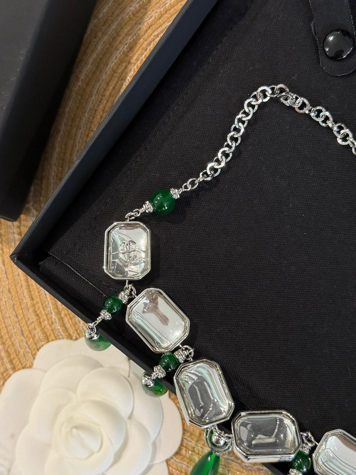 Vintage Geometric Pendant Necklace with Square, Emerald Teardrop & Clear Sugar-Cube Charms