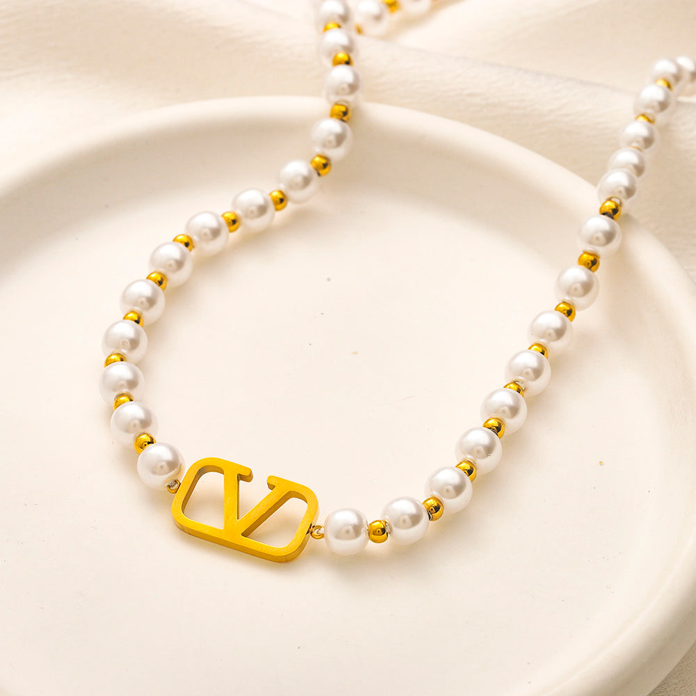 304 Stainless Steel Pearl-Look Bead V-Motif Necklace