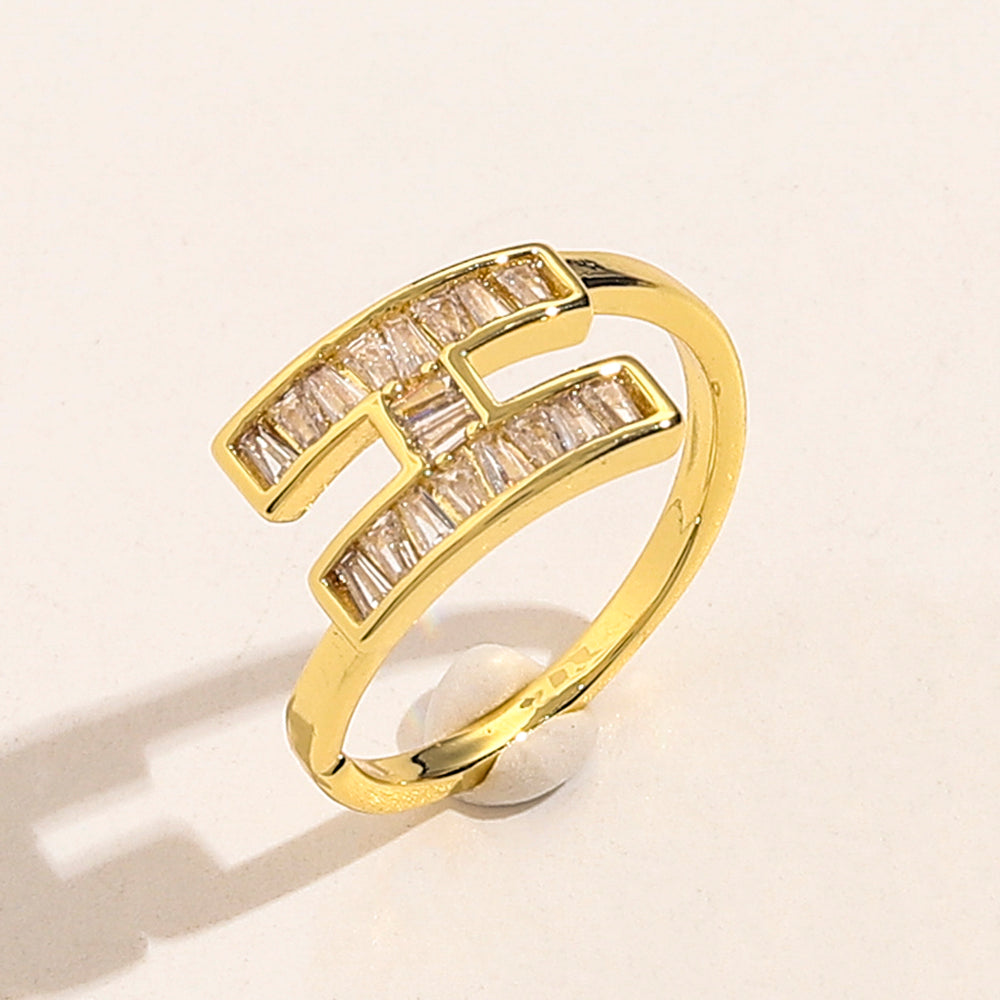 Open H-Motif Ring with Rectangular Stone Accents