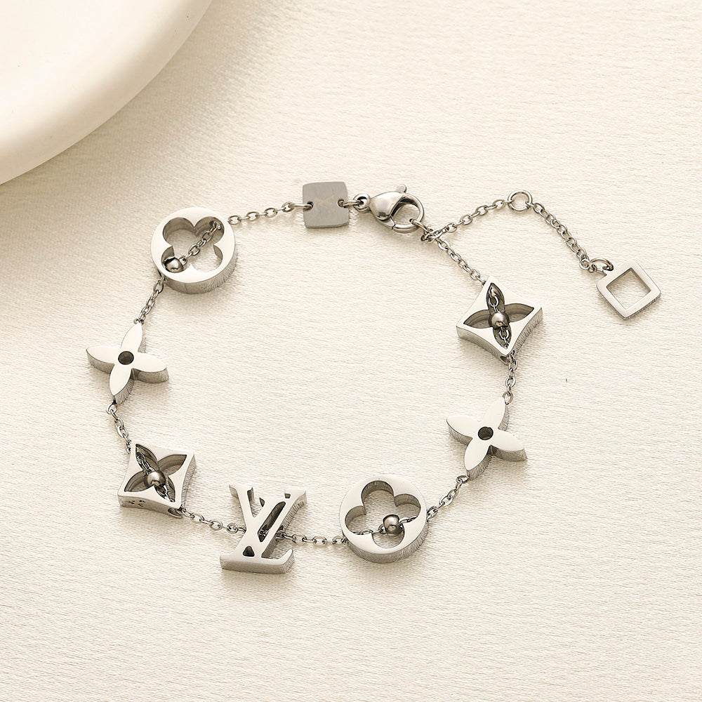 304 Stainless Steel Geometric Floral Monogram Link Bracelet