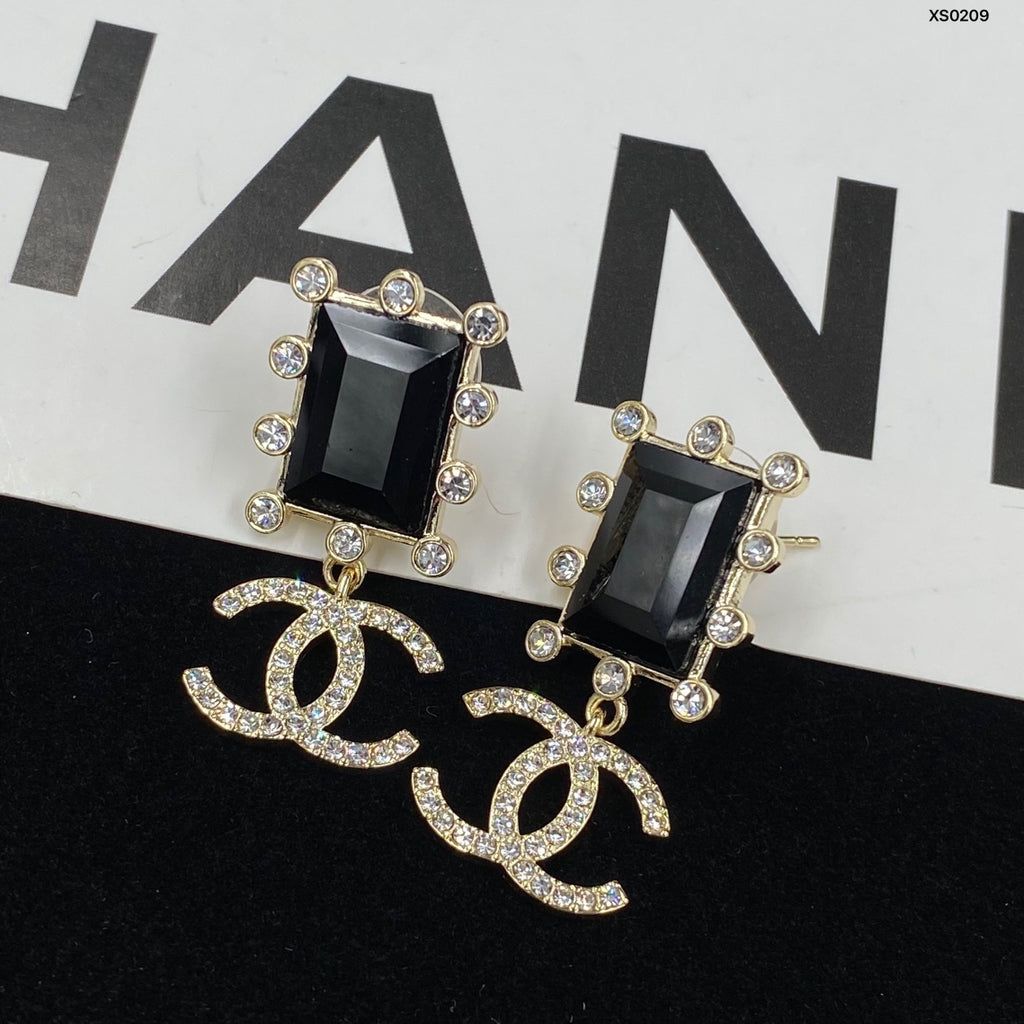 Black Rectangle & Interlocking-C Drop Earrings