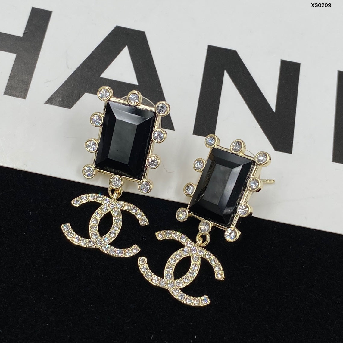 Black Rectangle & Interlocking-C Drop Earrings